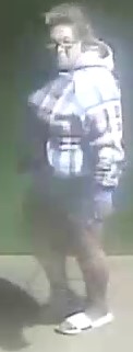 Unknown shirtless male and unknown female with reading glasses as shown on surveillance camera