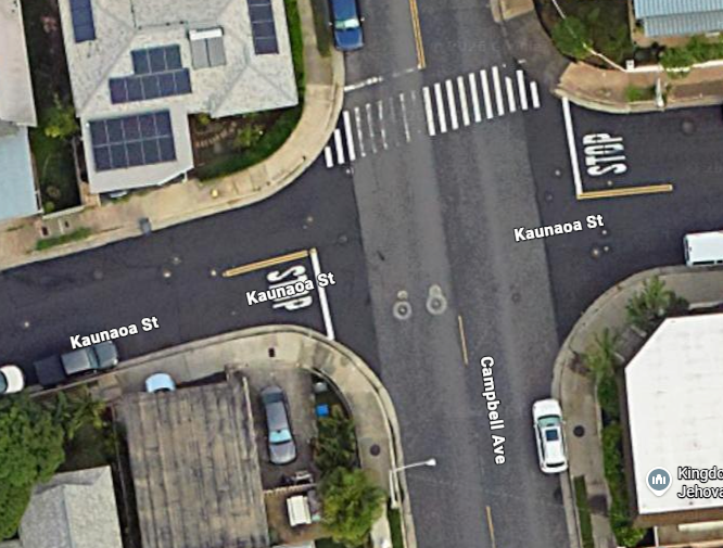 Google Maps depicting the area of Kaunaoa Street and Campbell Avenue