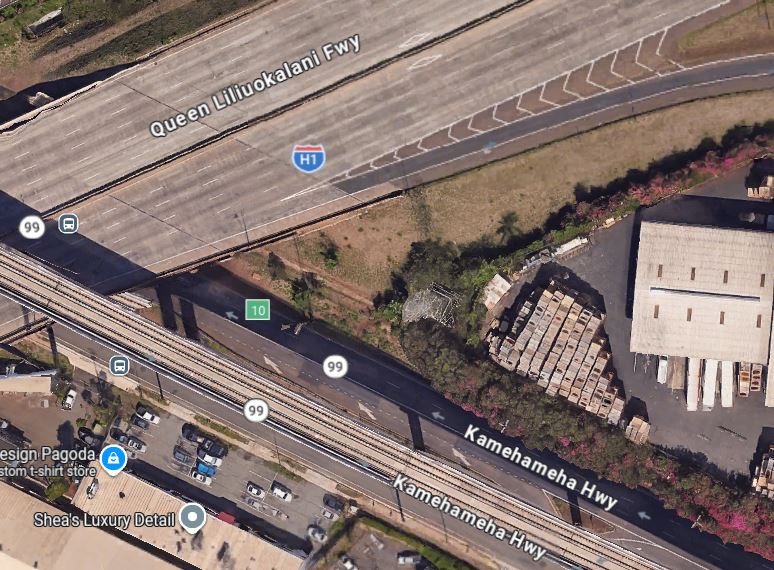 Google Maps Image that depicts the area of H1 Freeway east (Exit 10) and Kamehameha Highway.