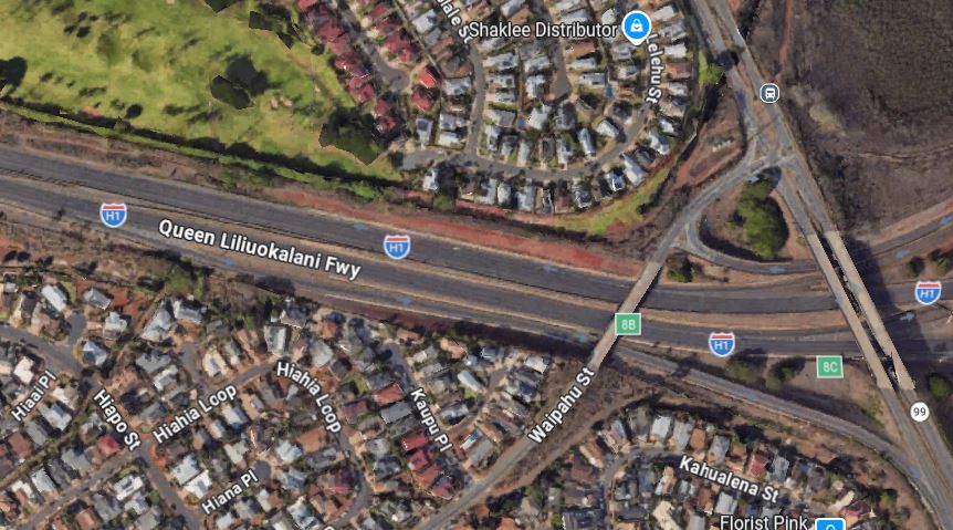 Google Maps image that depicts the area of the H-1 Freeway near the Kamehameha Highway overpass