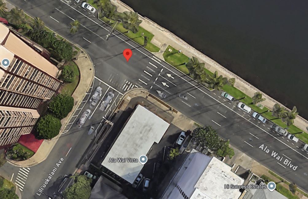Google Maps image that depicts the area of Liliuokalani Avenue and Ala Wai Boulevard