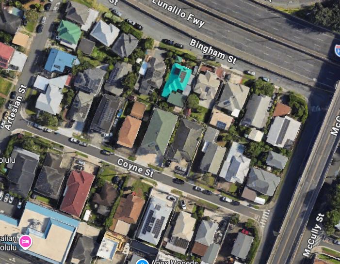 Google Maps image that depicts the area of Bingham St and McCully Street