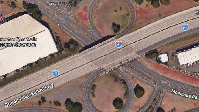 Google maps image that depicts the area of the H-1 E Freeway near Moanalua Road underpass