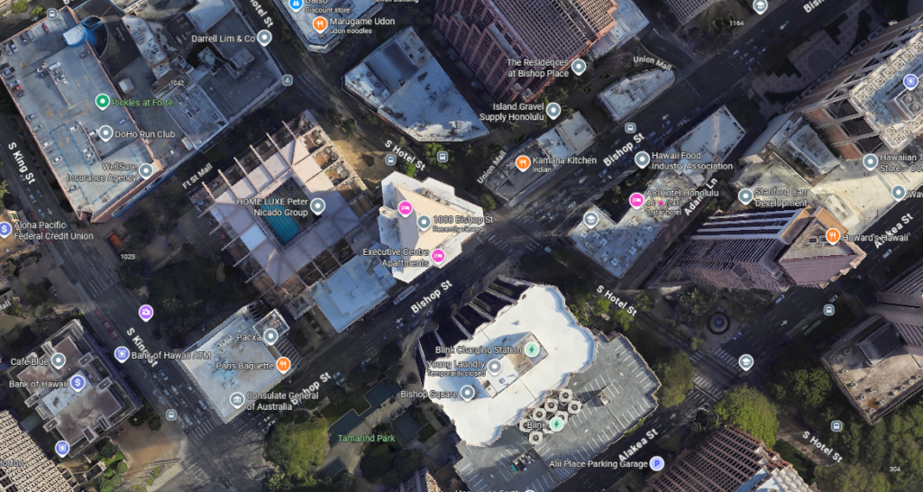 Google maps image of the Bishop Street and South Hotel Street intersection.