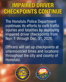 A graphic notifying the public that HPD will be conducting impaired driving enforcement at random locations and times through December 2026.