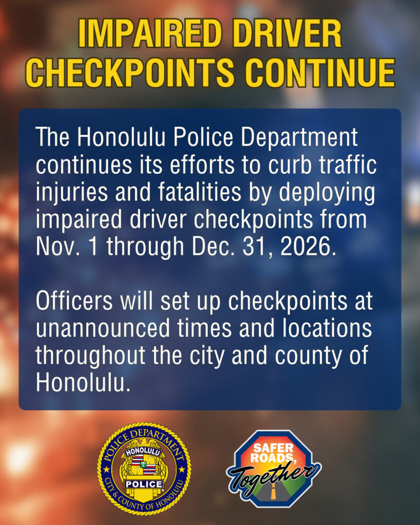 A graphic notifying the public that HPD will be conducting impaired driving enforcement at random locations and times through December 2026.