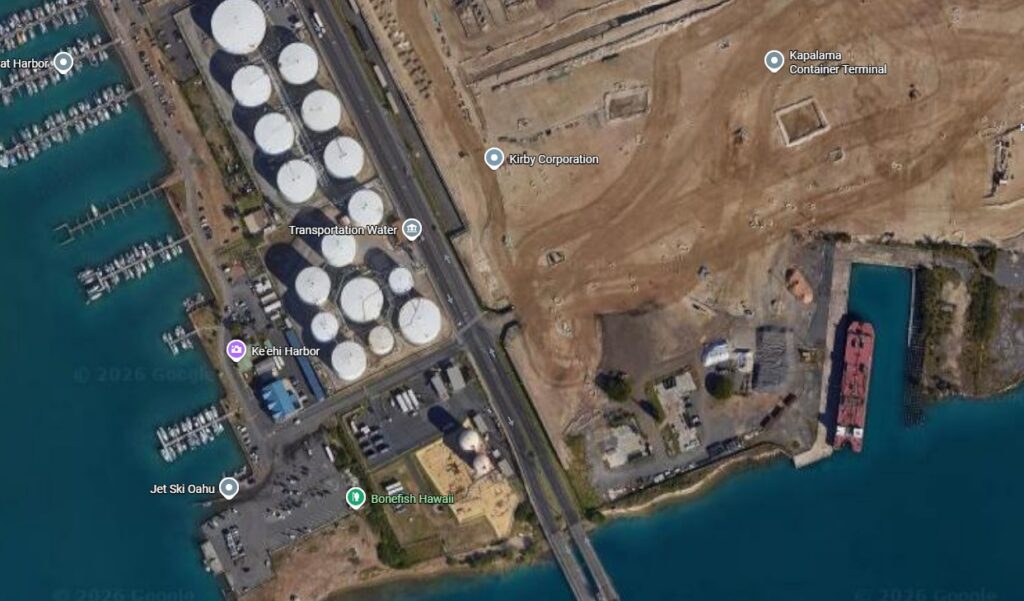 Google Map image of Sand Island Access Road and the driveway of Keehi Marine Boat Harbor.
